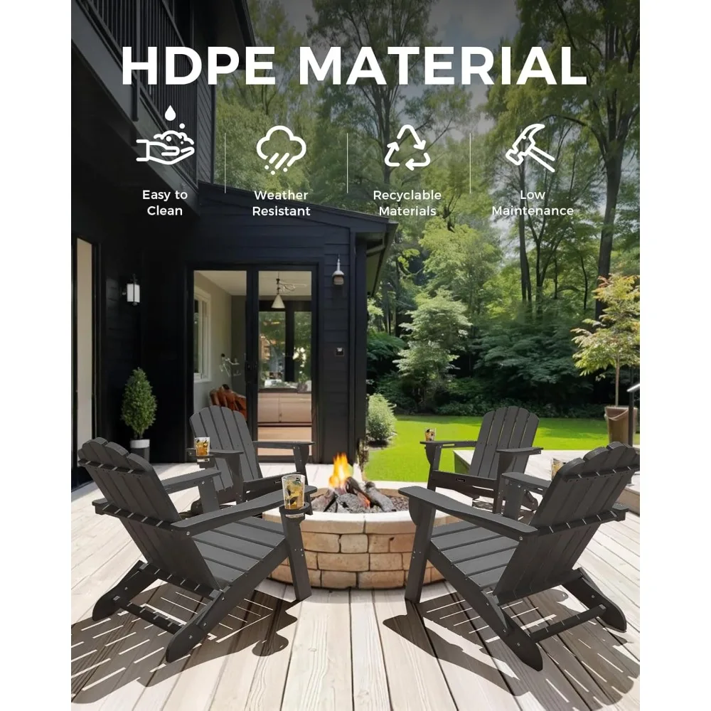 Cadeira dobrável Adirondack, cadeira Adirondack HDPE com 2 porta-copos, cadeiras para fogueira ao ar livre, jardim, pátio, cinza
