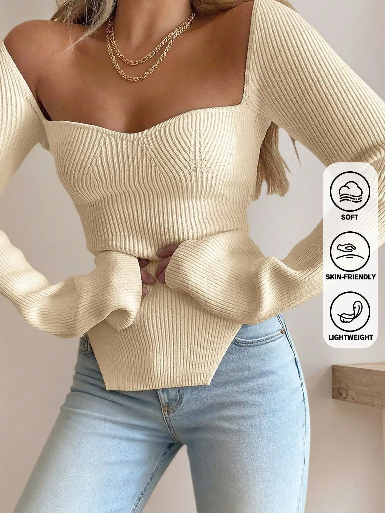 

Women's Square Neck Long Sleeve Ribbed Knit Top with Asymmetrical Hem, Soft Lightweight for Casual or Party Wear