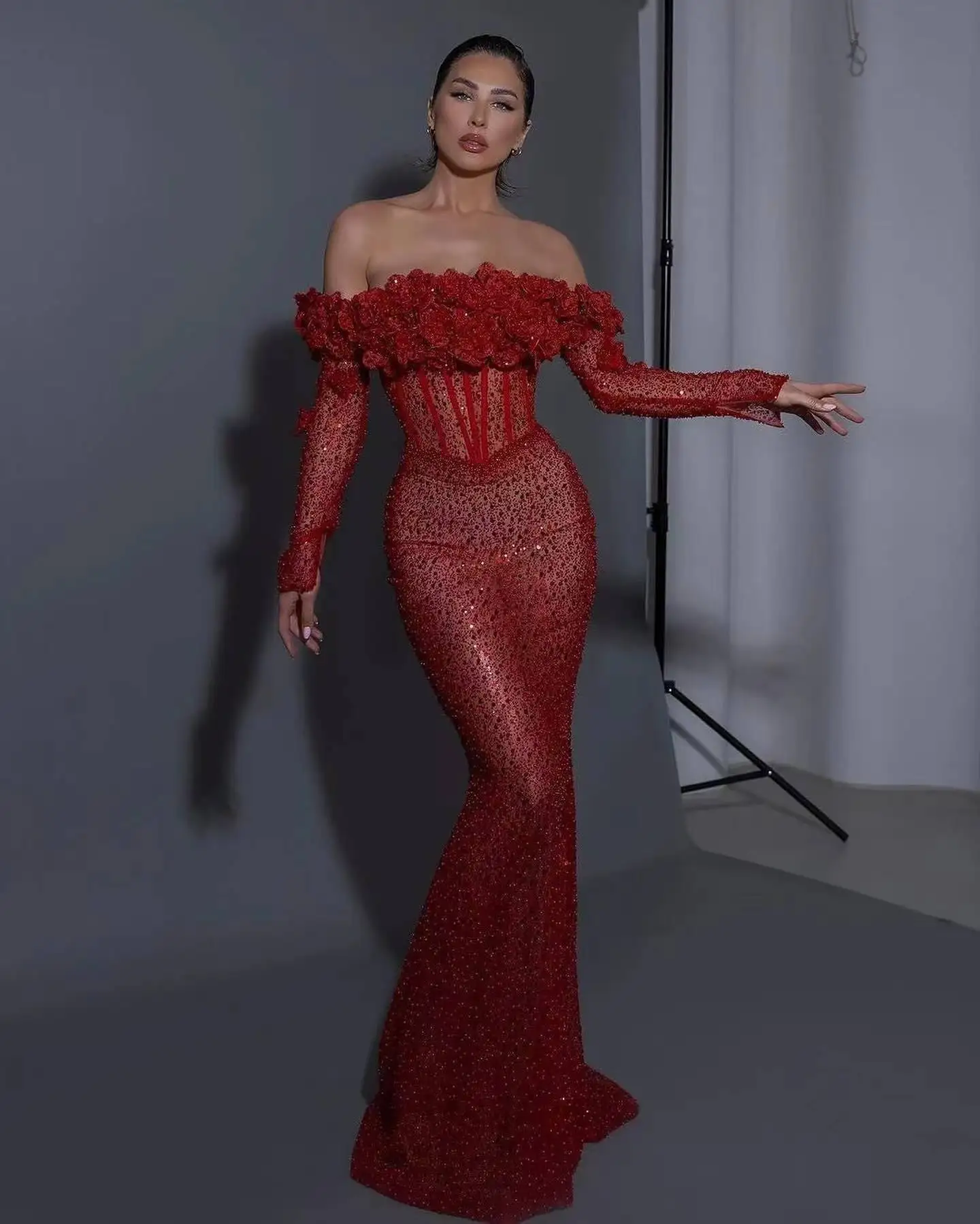 Women Red 3D Flowers Strapless Boned Bodice Elegant Party Mermaid Maxi Dress Long Sleeve High Waist Banquet Sequin Evening Gown