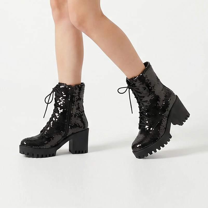 Fabric Inlaid Tiny Shiny Sequins Lace Up Block Heel Ankle Boots For Women, Color Changing Platform Booties With Side Zipper view 4