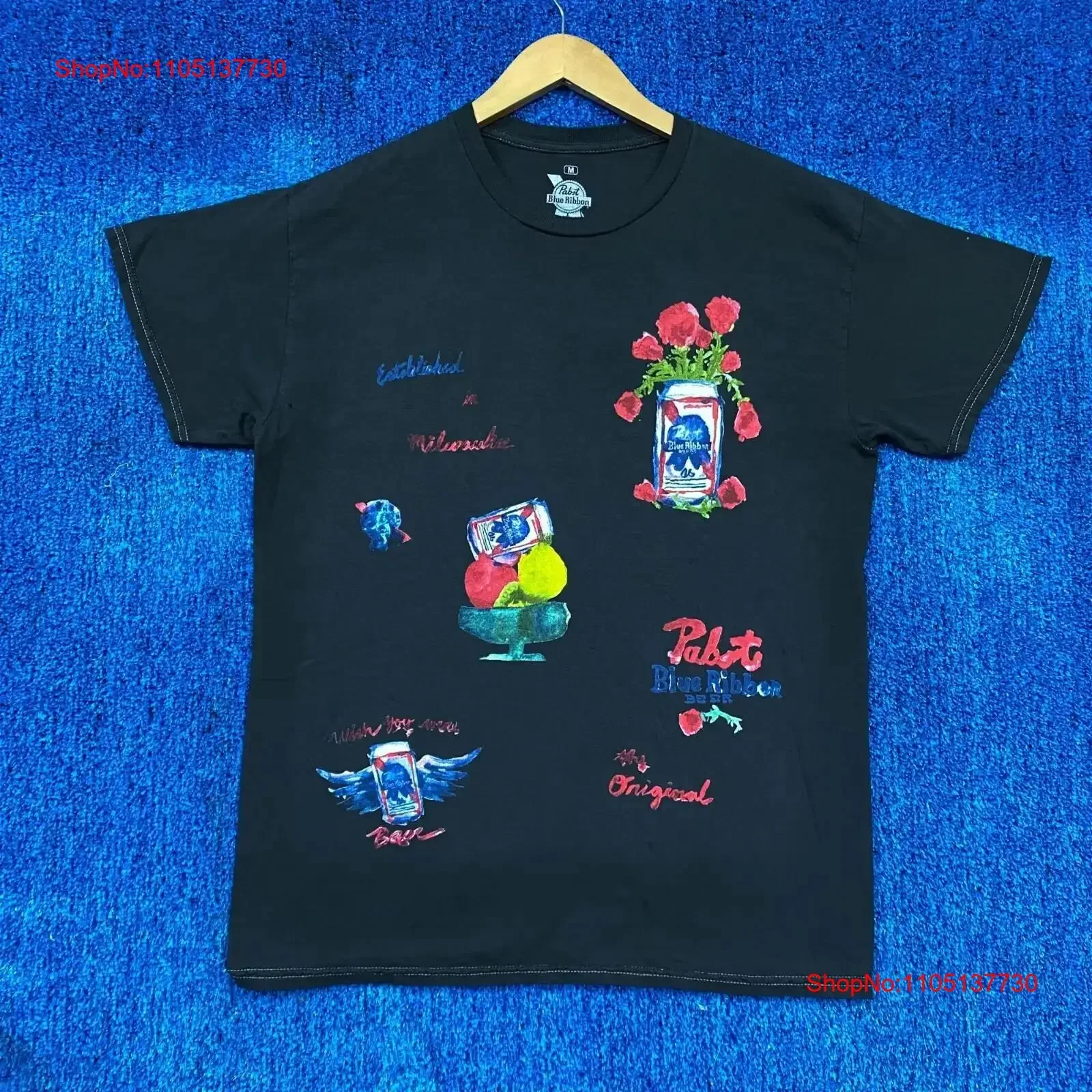 Pabst Blue Ribbon Water Color Painting Art Beer Promo T Shirt M vintage Washed Top For Everyday Wear fashion Stylish Stretched