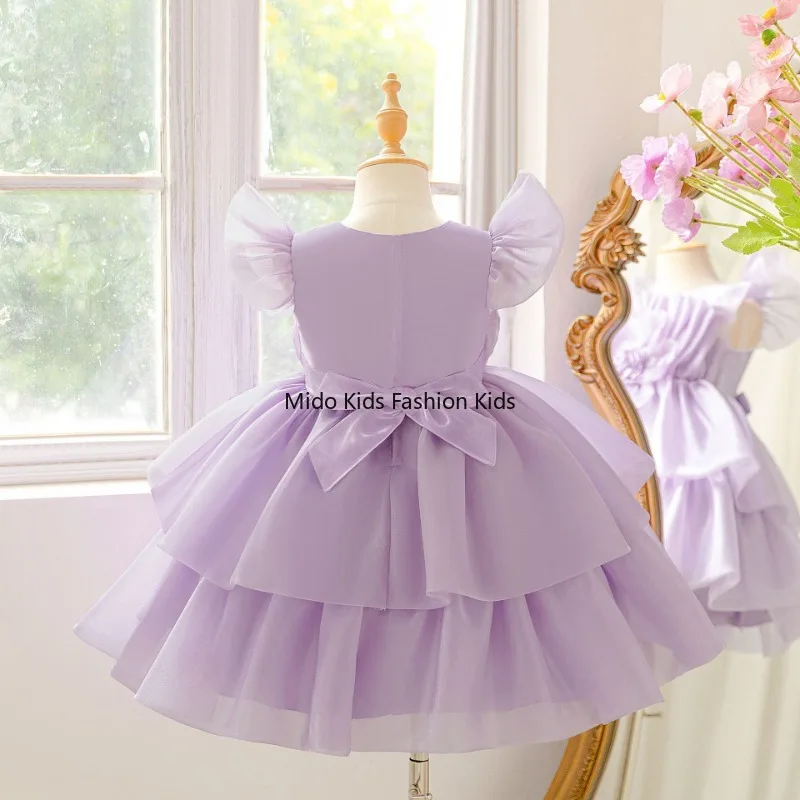 New5-14Y  Kids Princess Dress Puffy Sleeves Ball Gown Flower Girl Performance Outfit 110-150Cm