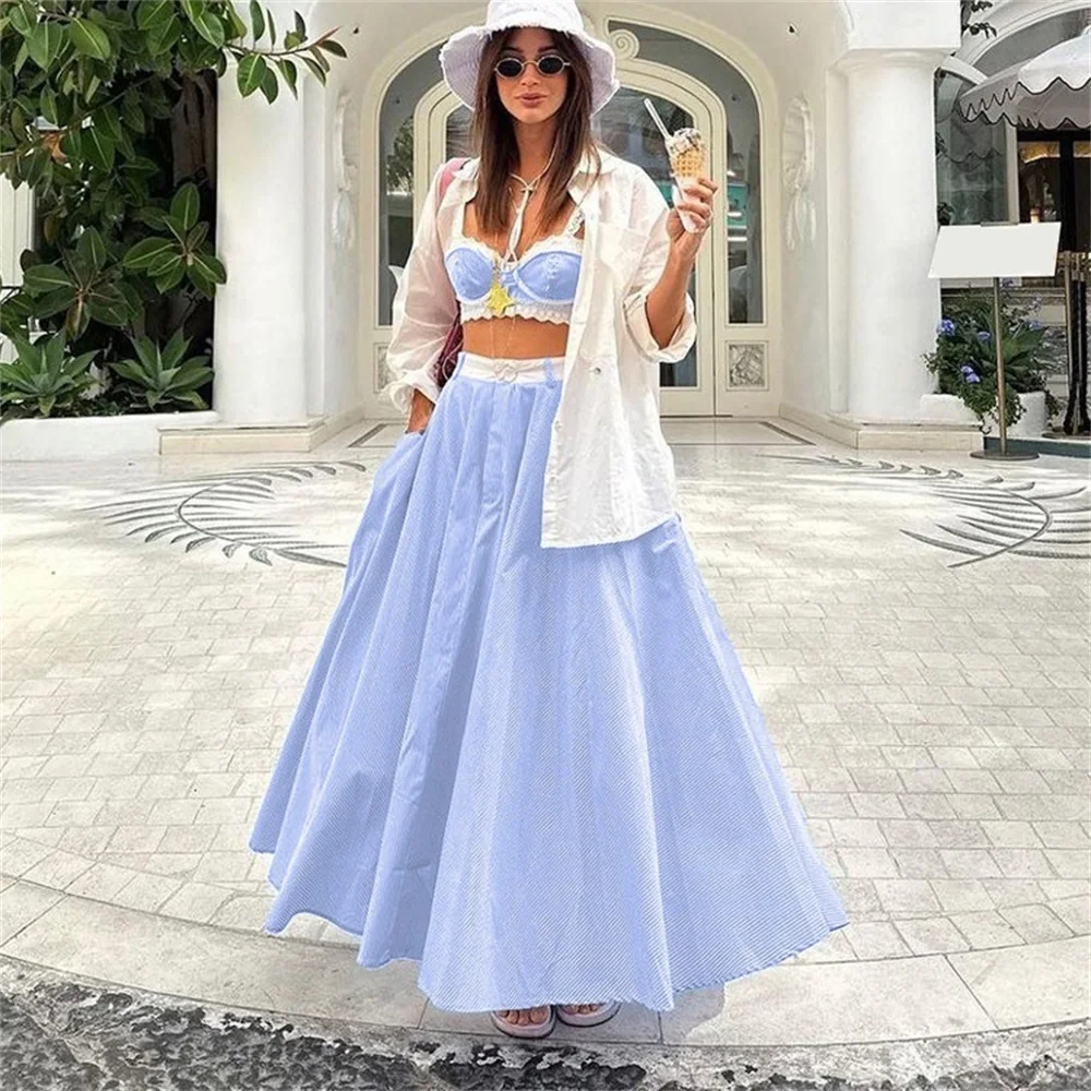 

EINY Fashion Blue Print Sets For Women 2 Pieces Autumn Spaghetti Strap Lace Bra And High Waisted Loose Pleated Skirts Sets Traf