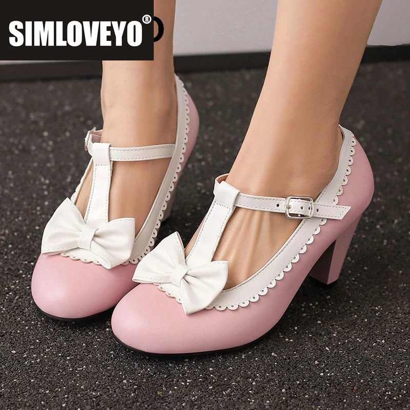 

SIMLOVEYO 2025 Милые женские туфли-лодочки с круглым носком на блочном каблуке 7,5 см, пряжка с Т-образным ремешком и бантом, разноцветные туфли размера плюс 46, 47, 48, туфли для свиданий