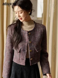 MISHOW Wool Plaid Tweed Jacket Women’s O-Neck Single Breast Woven 2024 Winter New Korean Basic Short Temperament Coat MXD54W0630