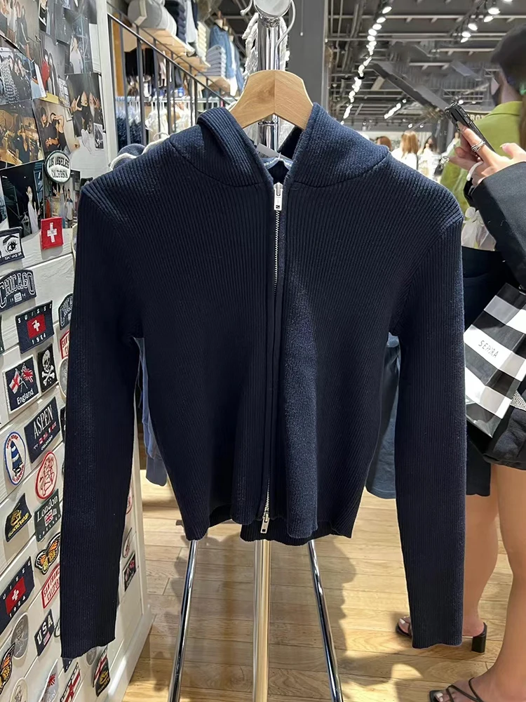 Solid Vintage Knitted Hooded Cardigan Women Autumn Cotton Double Zipper Casual Cardigans Y2k Streetwear Slim Short Sweater Tops