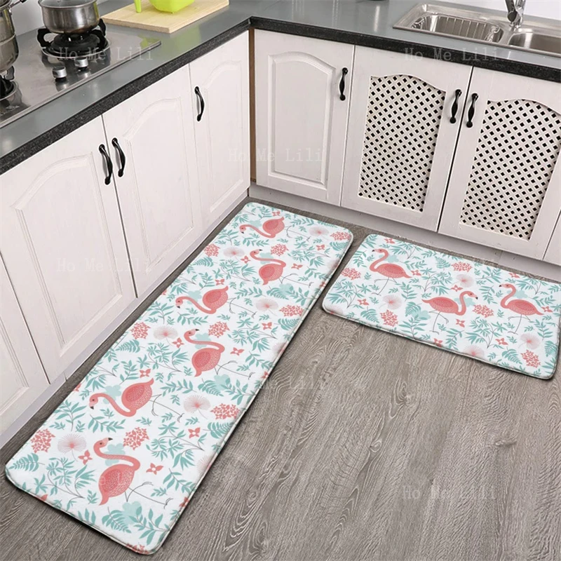 Fashion Flannel Kitchen Rugs Set Washable Fatigue Cushioned Doormat Pink Floral Flamingo Fresh Leaves Non Slip Carpet