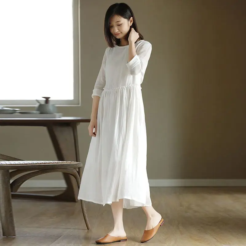Foreign Trade Tail Goods Big Brand WomenFrench Linen Robe Loose White Mid-sleeve Cotton Linen Dress with Cut Label Dresses