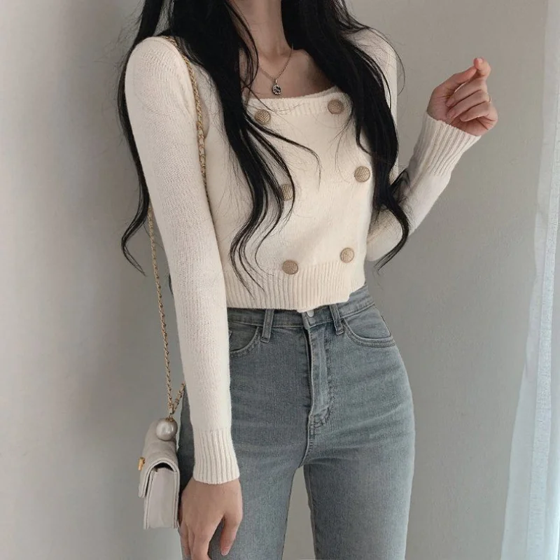 Cropped Pullovers Women Slim Long Sleeve Knitwear Korean Style Ins Sexy Fashion Chic Vintage Button Design Casual New Pull Mujer