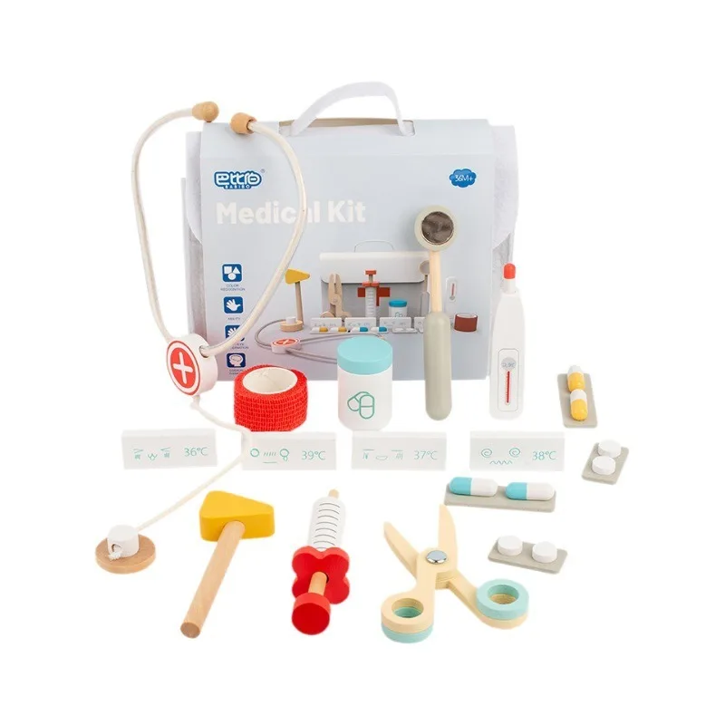 Wooden Doctor Kit Pretend Play Toys Simulation Role Playing Games Medical Playset Early Educational Toys For Boys Girls Ages 3+