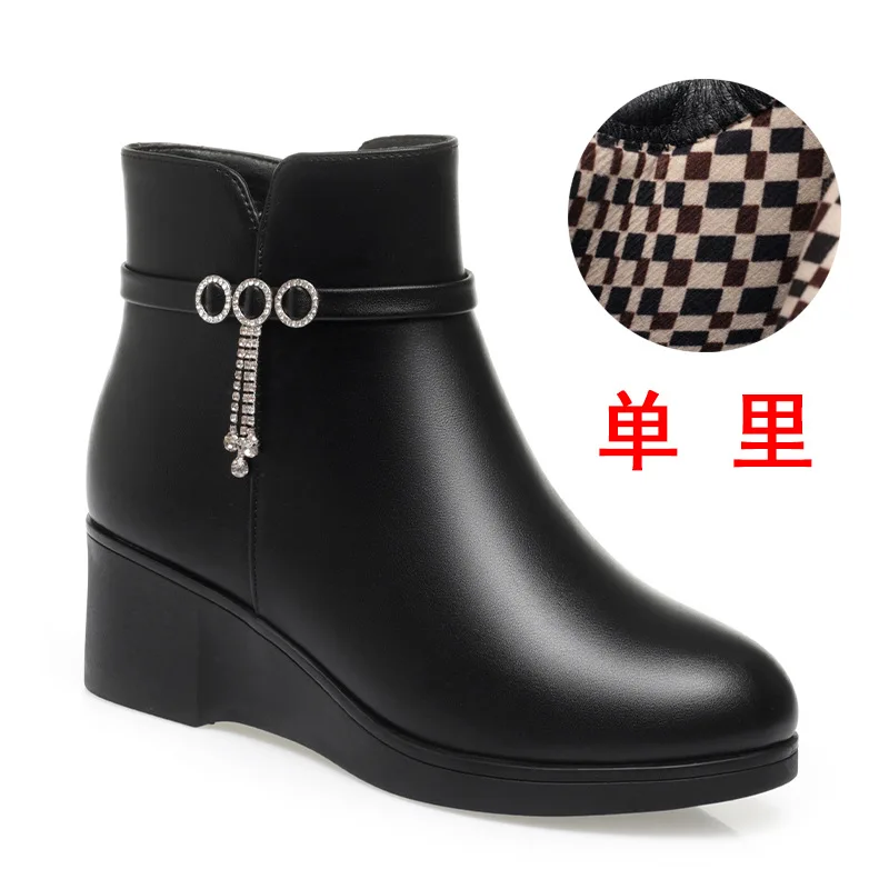 Winter Slide Fastener Wedges Heels Ankle Boots Anti-Skip Shoes Round Toe Black Boots Short Plush Warm Shoes Women Office Model