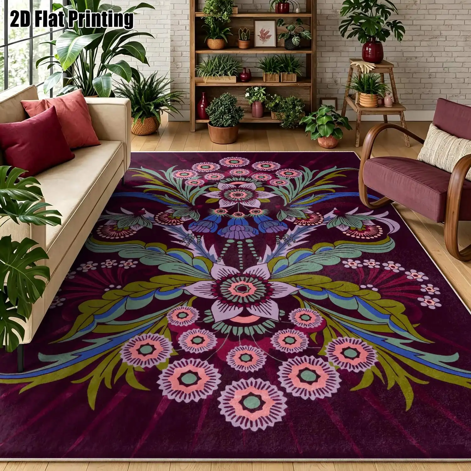 1Pc 2D Printed Velvet Carpet, Pink-Green-Blue Floral, Multi-Style, Machine Washable, Multi-Size, for Home Decor & Multi-Scene Use