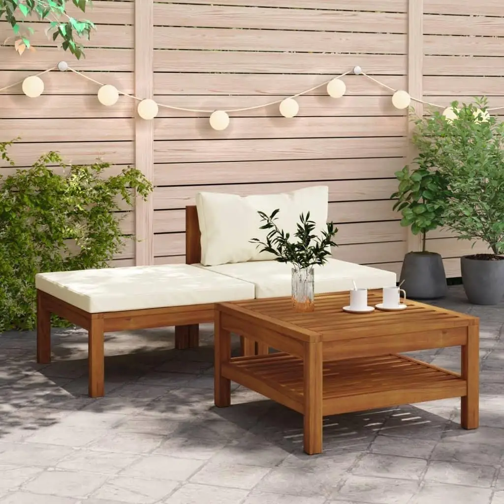 3-Piece Acacia Wood Patio Lounge Set with Cream White Cushions – Stylish Outdoor Seating