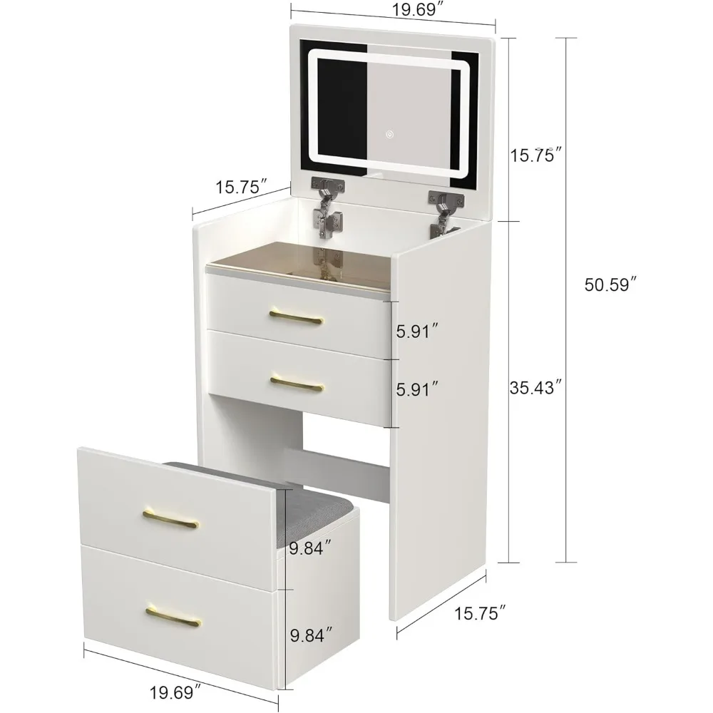 Meja Rias 3 In 1 dengan Cermin Atas Terbuka, Set Rias dengan Desktop Kaca Terlihat, Meja Rias Rias dengan 3 Laci, Meja Rias