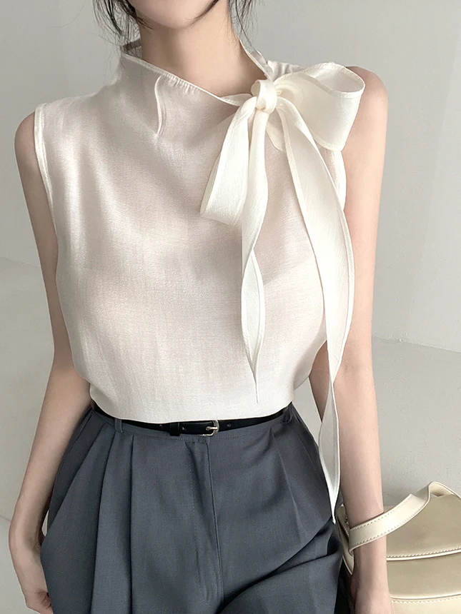 Style Off-Shoulder High Collar Sleeveless Thin Design Women's Shirt Summer Trendy Top Comfortable Breathable Pure Color