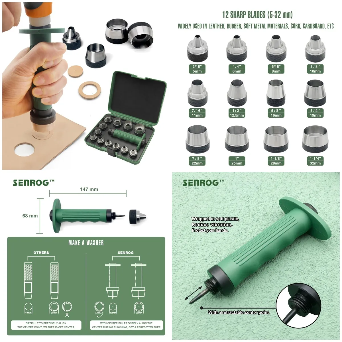 

12-in-1 Leather Hole Punch Set, 3/16' to 1-1/4' Hollow Punch Kit with Handle