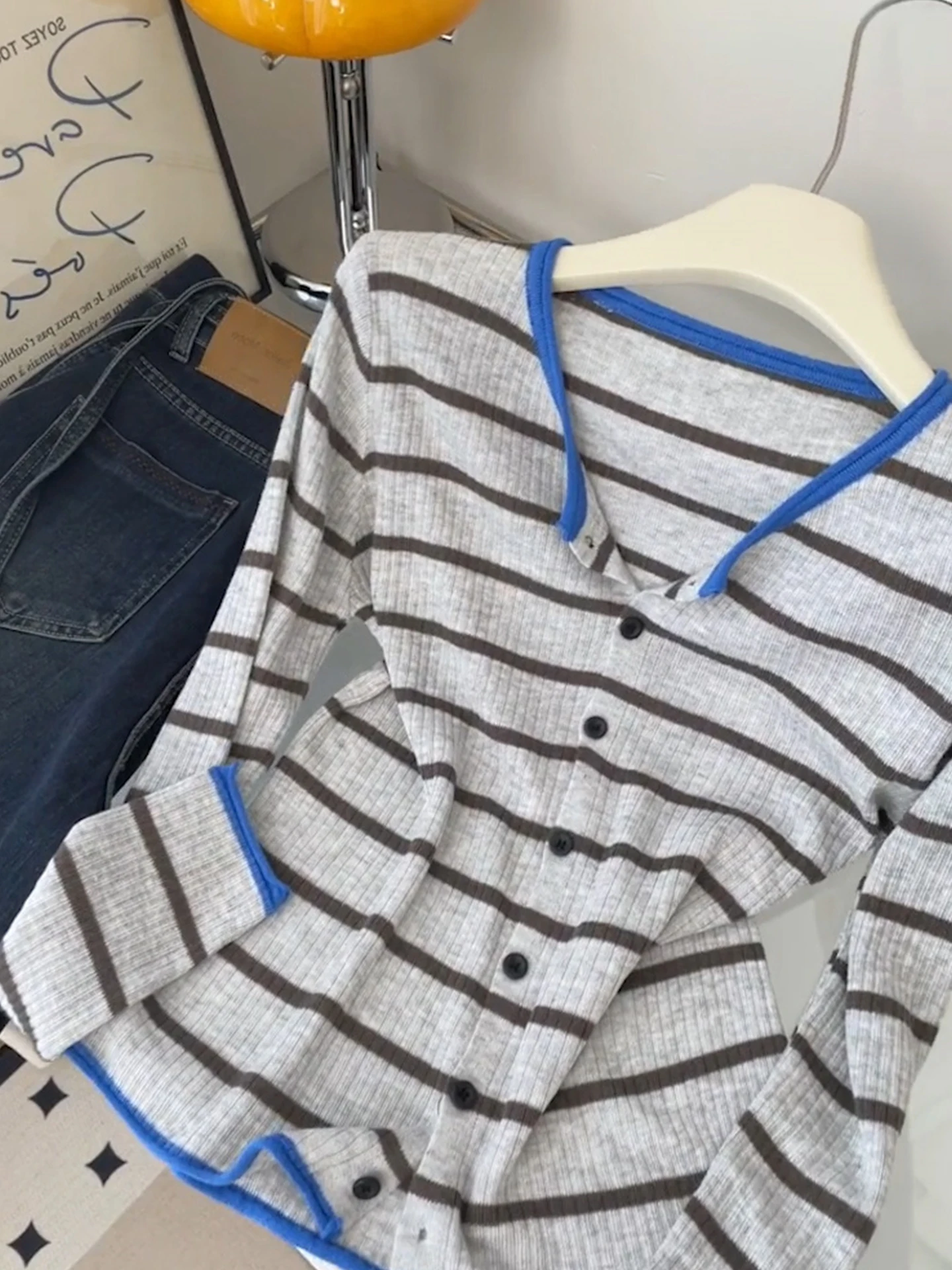 Design Sensation Color Blo Striped Knitwear Long Sve Base irt Trendy Age Reduction Women's Faion Autumn Simple Match...