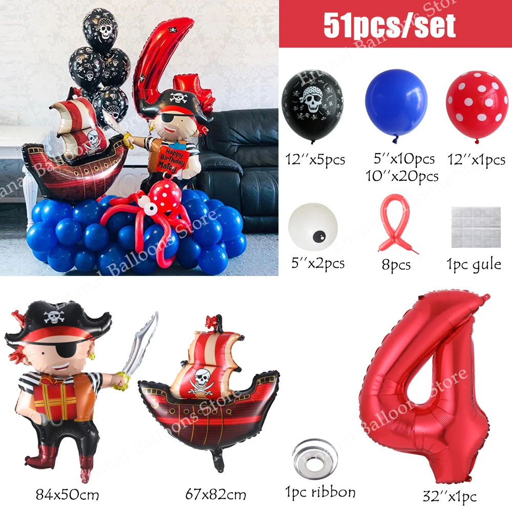 51/37pcs Pirate Ship Balloon Skull Helium Balloon 32inch 0-9 Number Balloon Boy Birthday Party Decoration Baby Shower Halloween