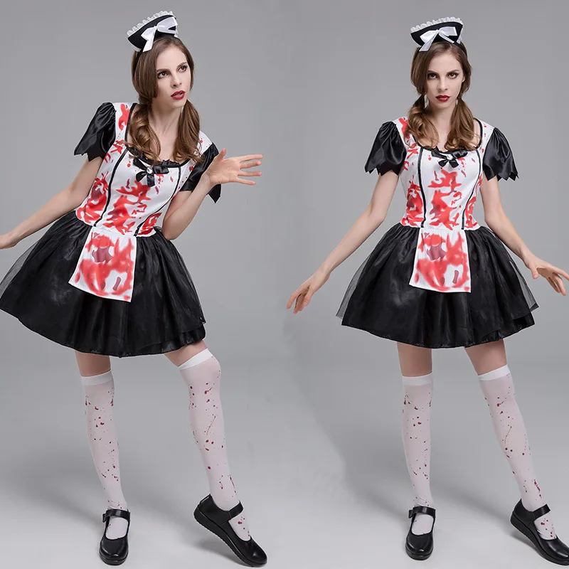 ハロウィンホラーと血まみれのメイドコスチューム、ゾンビコスチューム、ハロウィンカーニバルパーティー女性パフォーマンスコスチューム