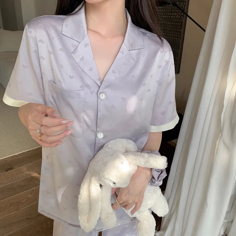 

Women Silk Pajamas Set Floral Lace Collar Homewear Outfit Casual Wear