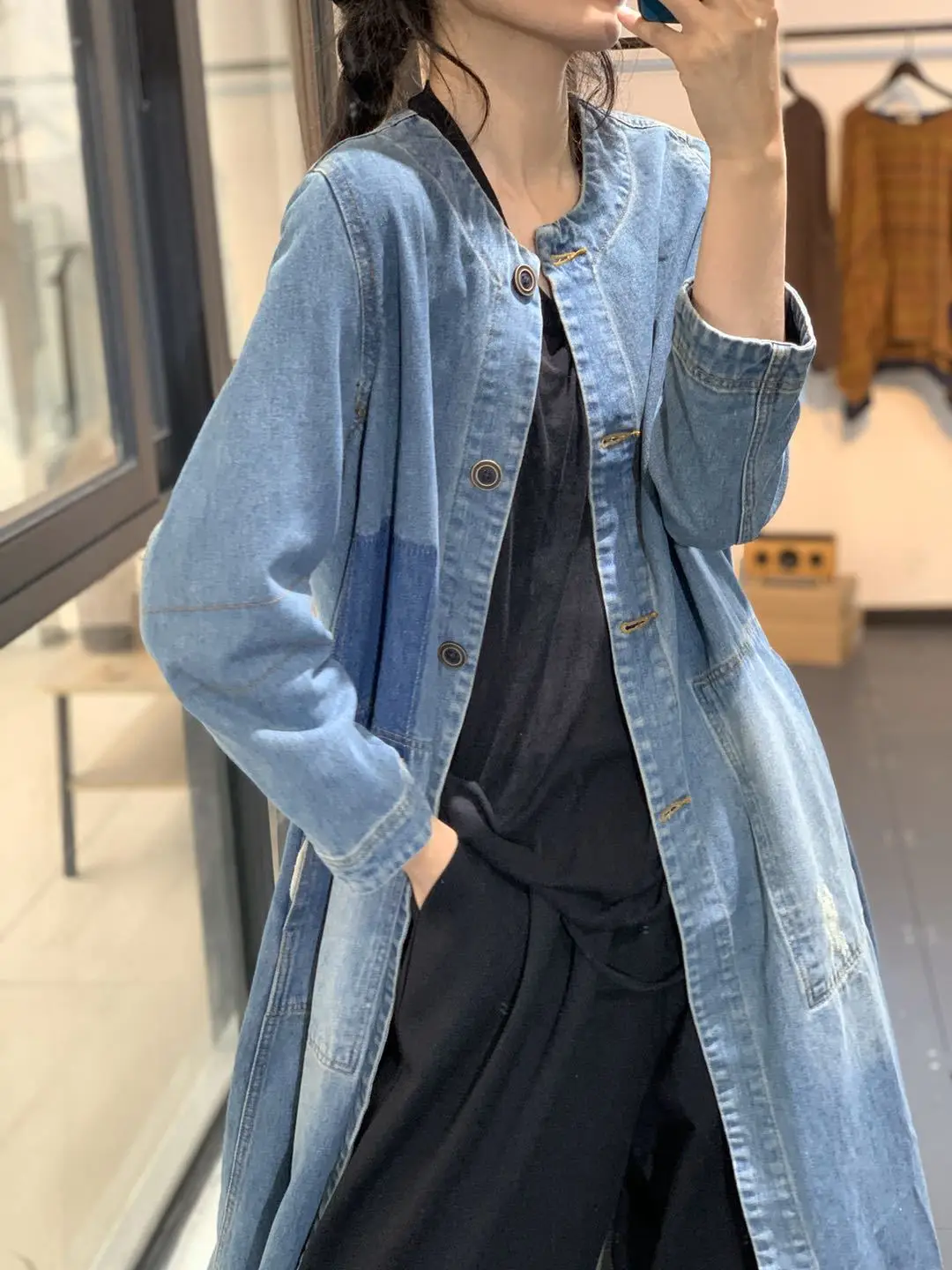 

Retro Blue O-Neck Denim Overcoat Women Spring Autumn Loose Large MidLength Casual Jacket Single Breasted Topped Windbreaker Coat