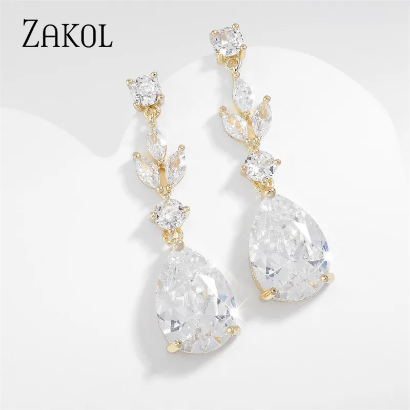 ZAKOL Fashion Water Drop AAA Cubic Zircon Leaf Dangle Earrings for Women White Color Wedding Jewelry Factory Wholesale EP4004