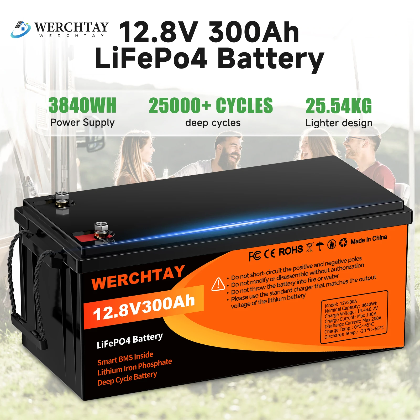 

WERCHTAY 12V Lithium Battery 300AH Nominal Capacity 3840W LiFePO4 Battery With Smart BMS Solar Portable Rechargeable Deep Cycle