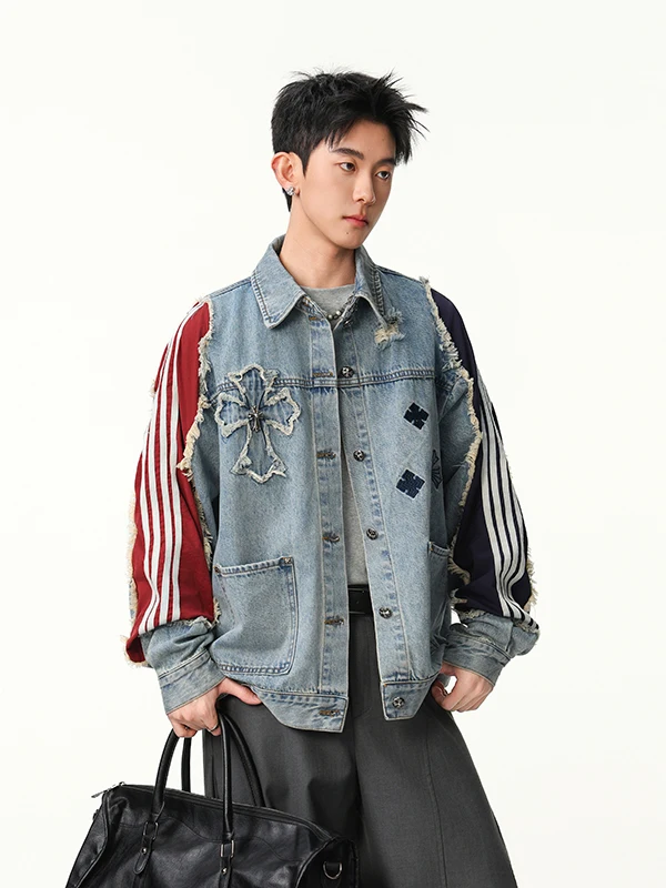 

Винтажная мужская джинсовая куртка Waed: модный дизайн с цветовыми блоками, свободный крой, американский стиль, длинный рукав, верхняя одежда для весны и осени