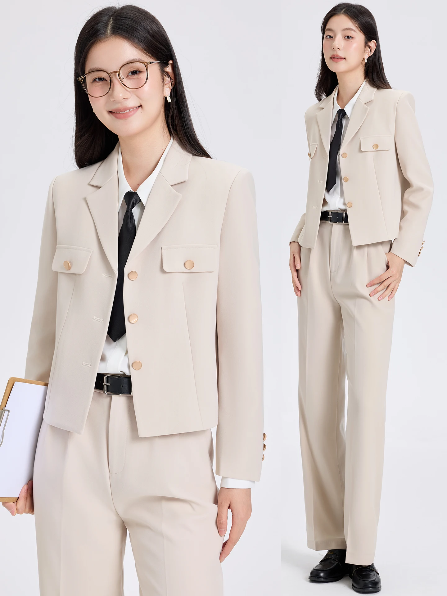 

Fashionable Short Suit Set for Women in Beige Color Professional Formal Wear Commute Style Button Detail Long Sleeve Suit Jacket