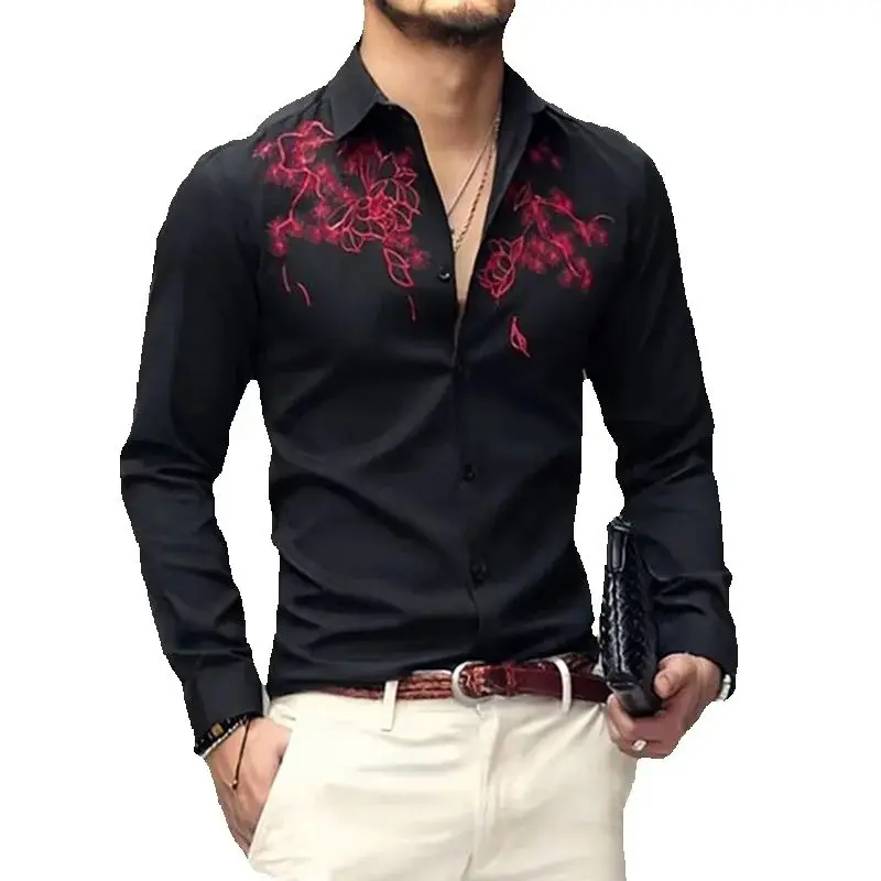 

Men's Spring Fashion Long Sleeve Shirt Exquisite Flower Embroidery Casual Solid Business Office Party Nightclub Shirt Male