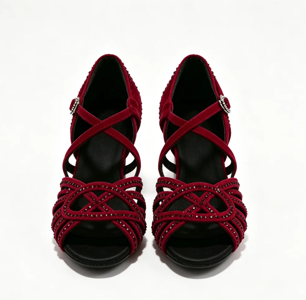 vk Women's Red Rhinestone Latin Dance Sandals Cross Ankle Strap High Heel Shoes for Ballroom Salsa Tango Competitions Parties