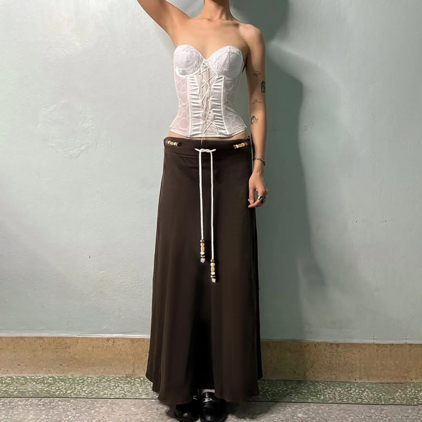 

Gtpdpllt Винтажные повседневные юбки с высокой талией на шнурке, универсальные однотонные легкая эластичная прямая юбка на шнуровке, уличная одежда