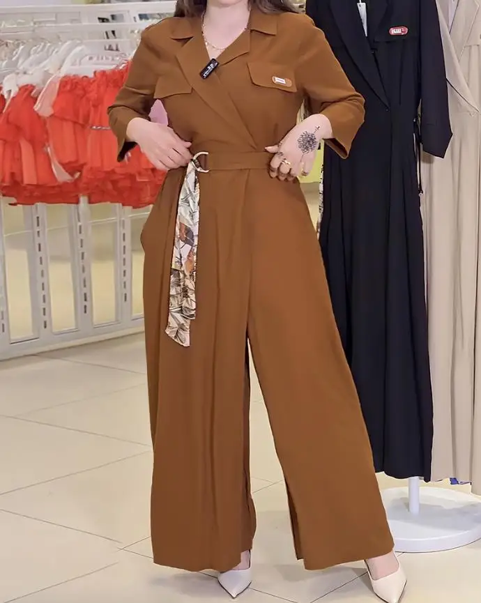 Jumpsuit Dames 2025, Lente Nieuwe Turn-Down Kraag Lange Mouw Casual Asymmetrisch Gebonden Detail Hoge Taille Wijde Pijpen Jumpsuit