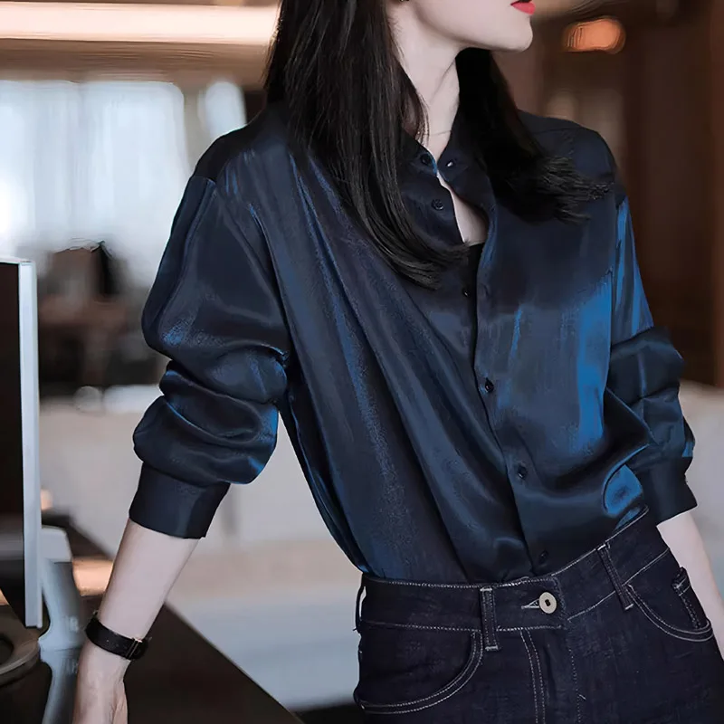 

Vintage Single Breasted Satin Women's Blouses Long Sleeve Stand Collar Casual Office Loose Shirts Female 2025 New Spring Autumn