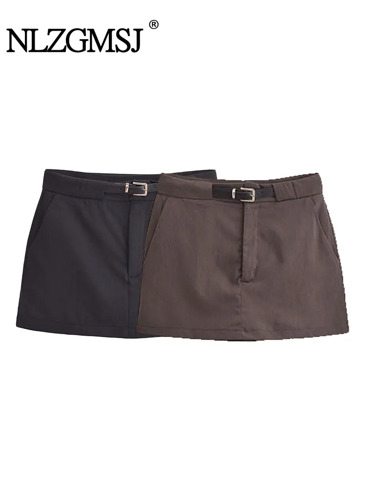 TRAF 2024 otoño con cinturón Mini falda pantalones cortos faldas de cintura media para mujer ropa de calle faldas pantalón casuales