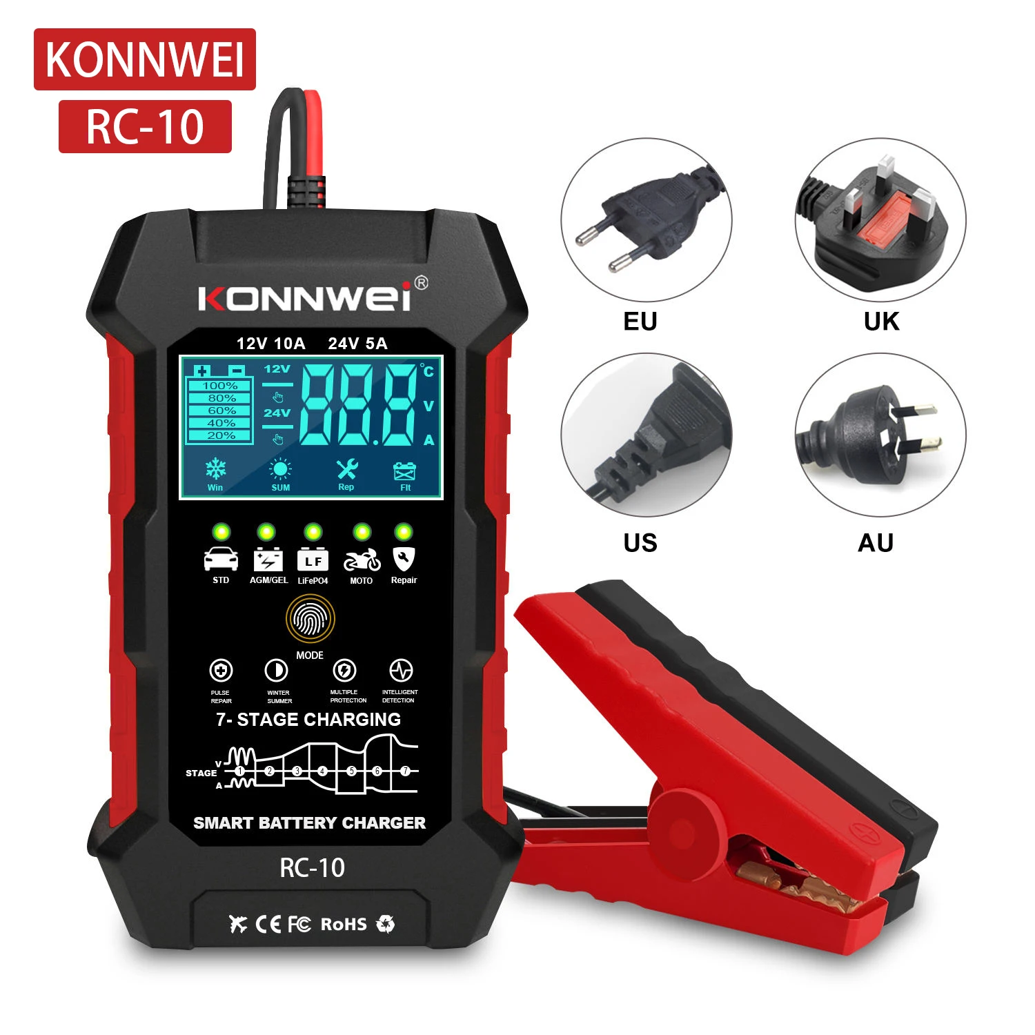

2026 KONNWEI RC-10 Car Truck Battery Charge Bank Automotive Repair Tool 12V 24V 10A 5A Pulse Auto Charger Power Lead Acid AGM