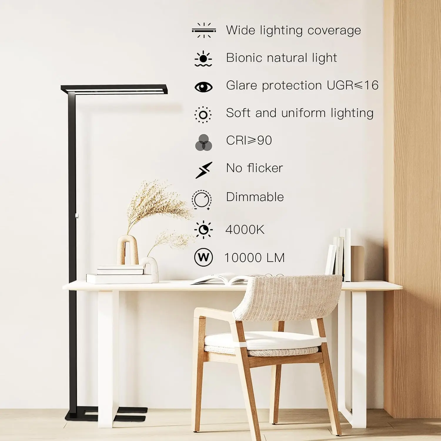 Sterren Eye-Care Led Floor Lamp,76'' Tall Office Floor Lamp, 80W Black Modern Free-Standing Lamp,10000Lm Bright Reading Lamp