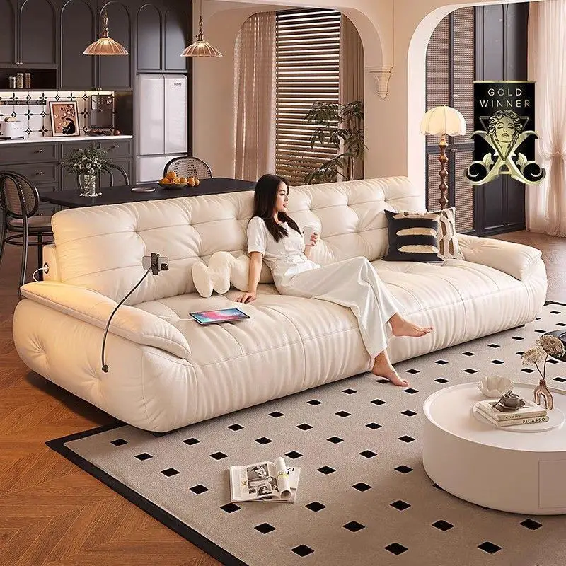 Medieval style space cloud leather sofa first layer cowhide light luxury retro straight row living room black sailing sofa