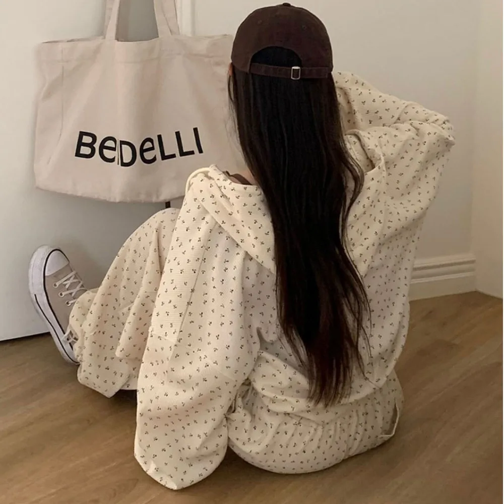 Coreano chique casual floral impressão suor superior solto calças de perna larga bot conjunto de duas peças feminino faion outfit inverno wear