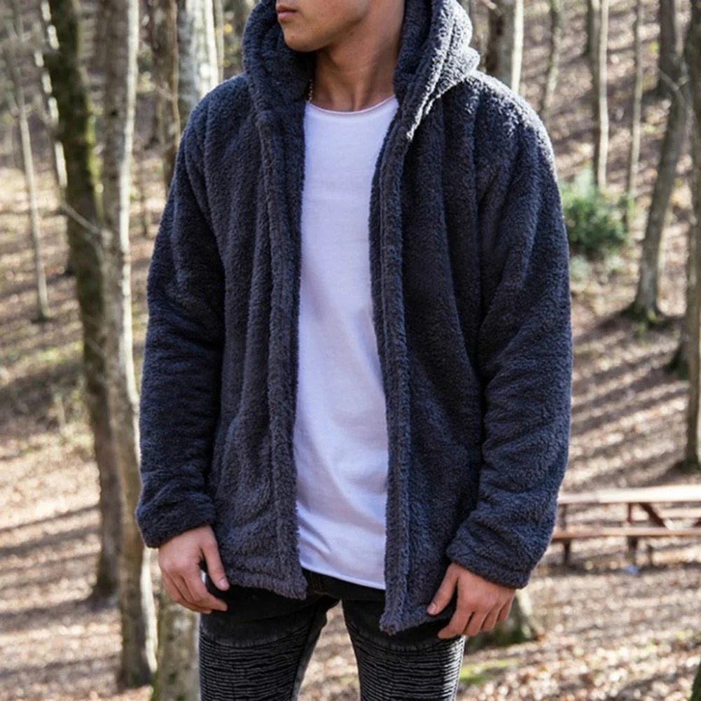 Men Fluffy Fleece Fur Hooded Coat Plush Long Sleeve Cardigans Pockets Warm Hooded Tops Loose Coat Coat Sweatshirts Outwear