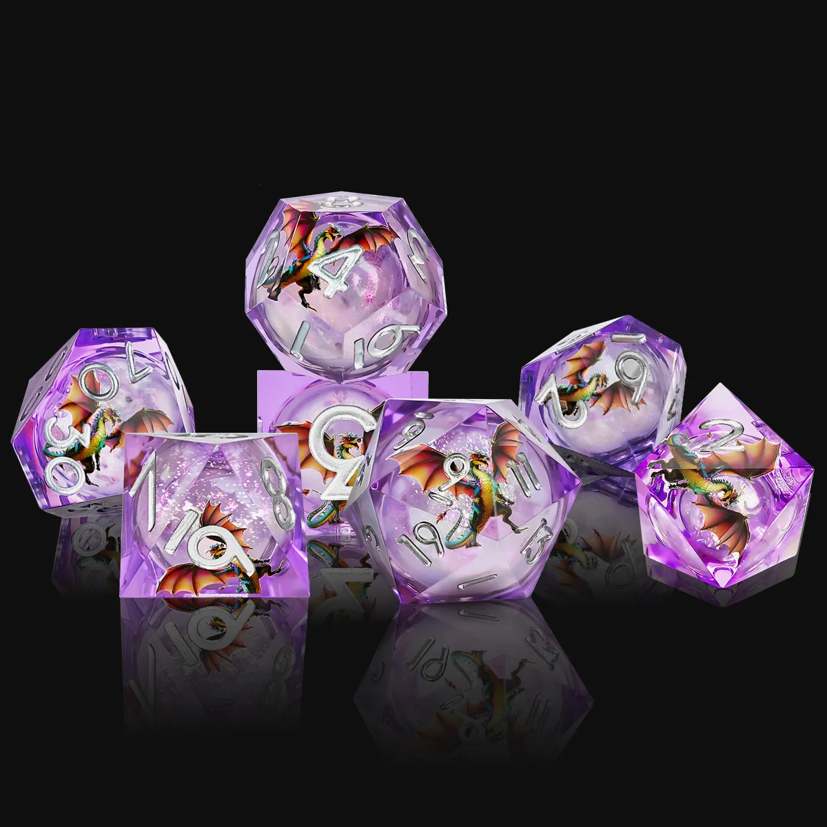 Leak-Proof Liquid Core,High-Contrast Silver Ink,Dragon 7PCS Sharp Edge Resin,Silver Ink Numbers for DND TTRPG Tabletop Game Dice