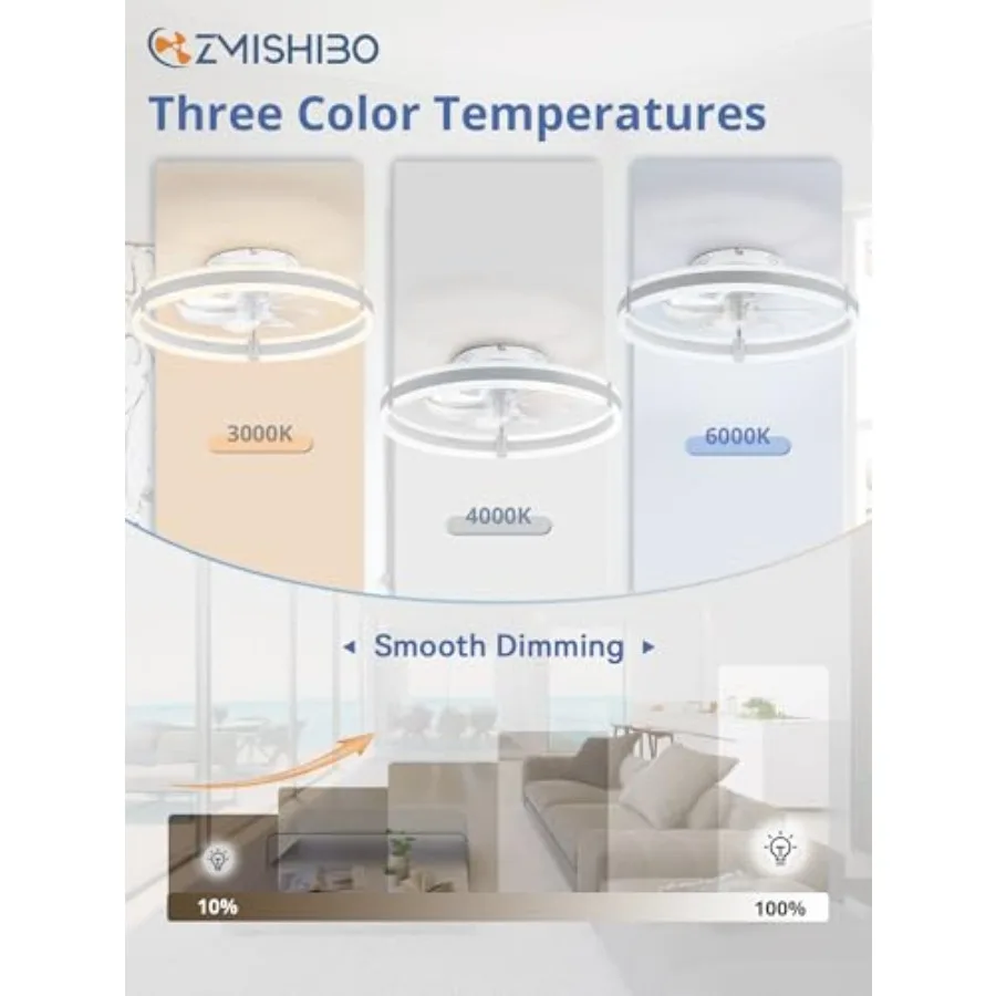 Bedroom ceiling fan with light and remote, white low profile flush mount LED fan, 19.7'' diameter, 3000-6000K dimmable, 6 speed