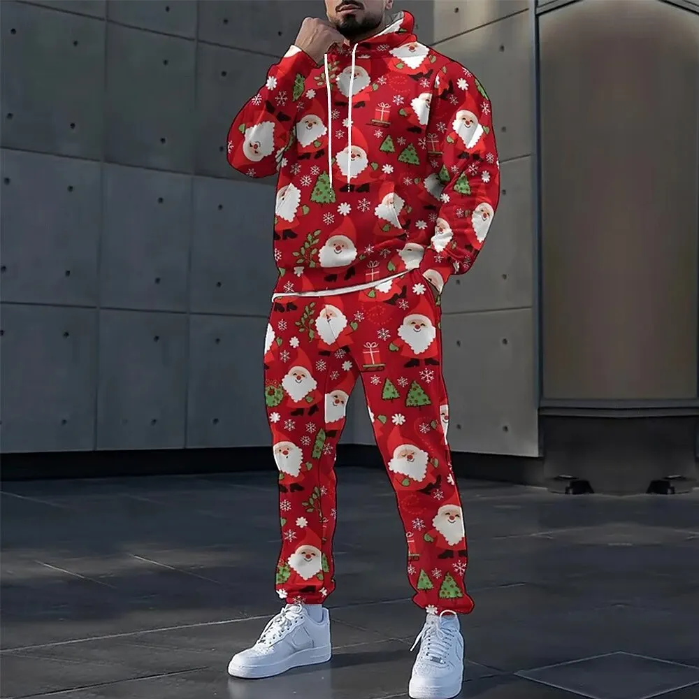 ชุดฮู้ดดี้พิมพ์ลายซานตาคลอส 3 มิติ สำหรับผู้ชาย ชุดลำลองฤดูใบไม้ร่วง เสื้อสเวตเชิ้ตและกางเกงขายาว 2 ชิ้น แฟชั่นสไตล์คริสต์มาส ชุดวอร์ม เสื้อผ้าคริสต์มาส