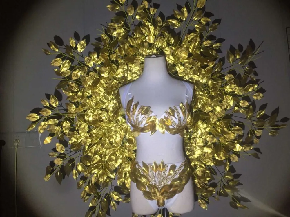 Festive gold leaf back panel wings bikini Gogo Ds model catwalk show tour costume