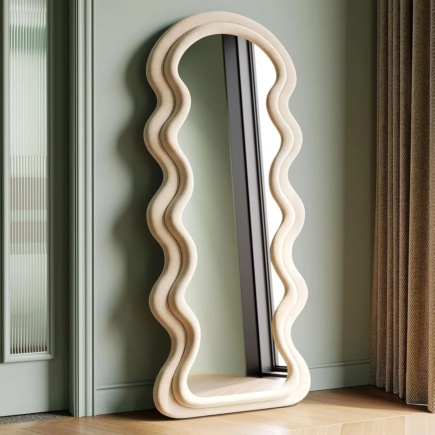 Full Length Mirror 160x60cm,Irregular Wavy Mirrors,Arch Floor Standing Mirrors for Bedroom,Living room,Flannel Wrapped+Wooden