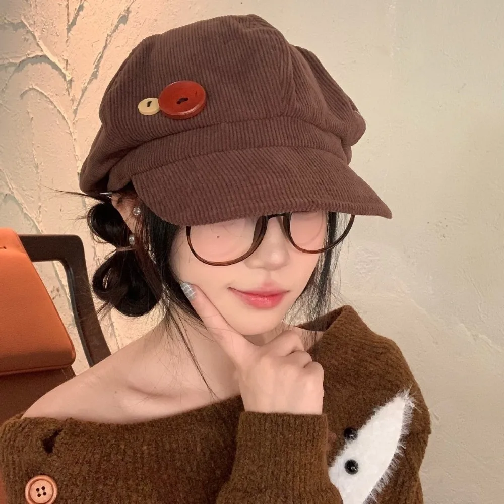 Einfache Y2k Doppelknopf-Baskenmütze, japanischer Harajuku-Malerhut, winddicht, JK Cord-Baseballmütze für den Winter