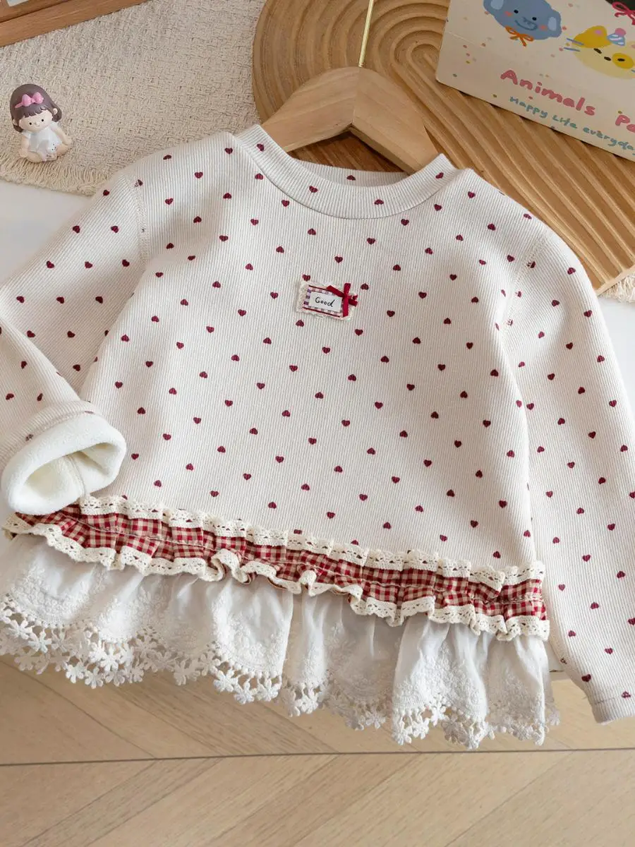 Cute Little Girl Kindergarten Baby Winter Fce Lined T-irt Heart Floral Lace Sweater Stand Fit Casual Sle 2025 New