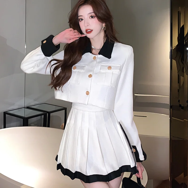 Women Sets French Style Cropped Blazer High Waist Pleated Skirt Two-piece Autumn Office Lady Button Trendy Classy Temperament