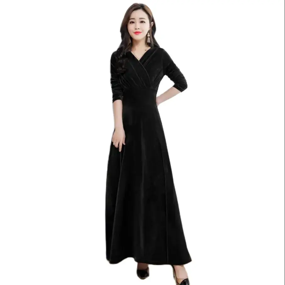 2024 NEW Spring Autumn Long Golden Velvet Dress Women Temperament Slim High End Velour Dress V-Neck Elegant Party Vestidos Mujer