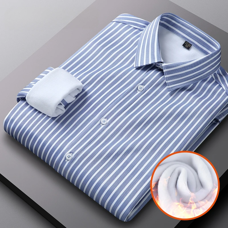 Winter Men Striped Fleece Warm Shirt Classic Bussiness Stretch No Pocket Comfortable Soft Standard Fit Button Down Casual Shirts